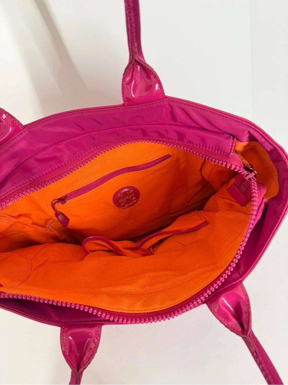 Tory Burch Womens Nylon Tote Bag Hot Pink Patent Trim Handbag Travel Work Casual